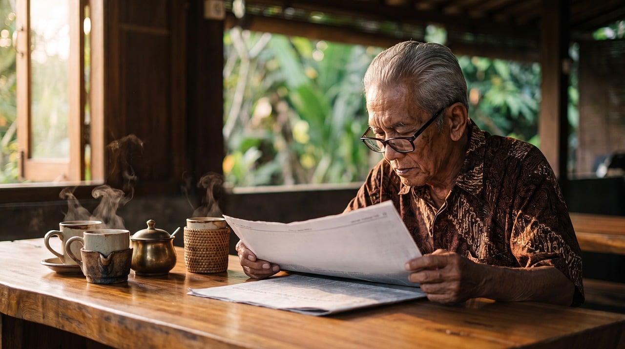 新聞を読む高齢の男性